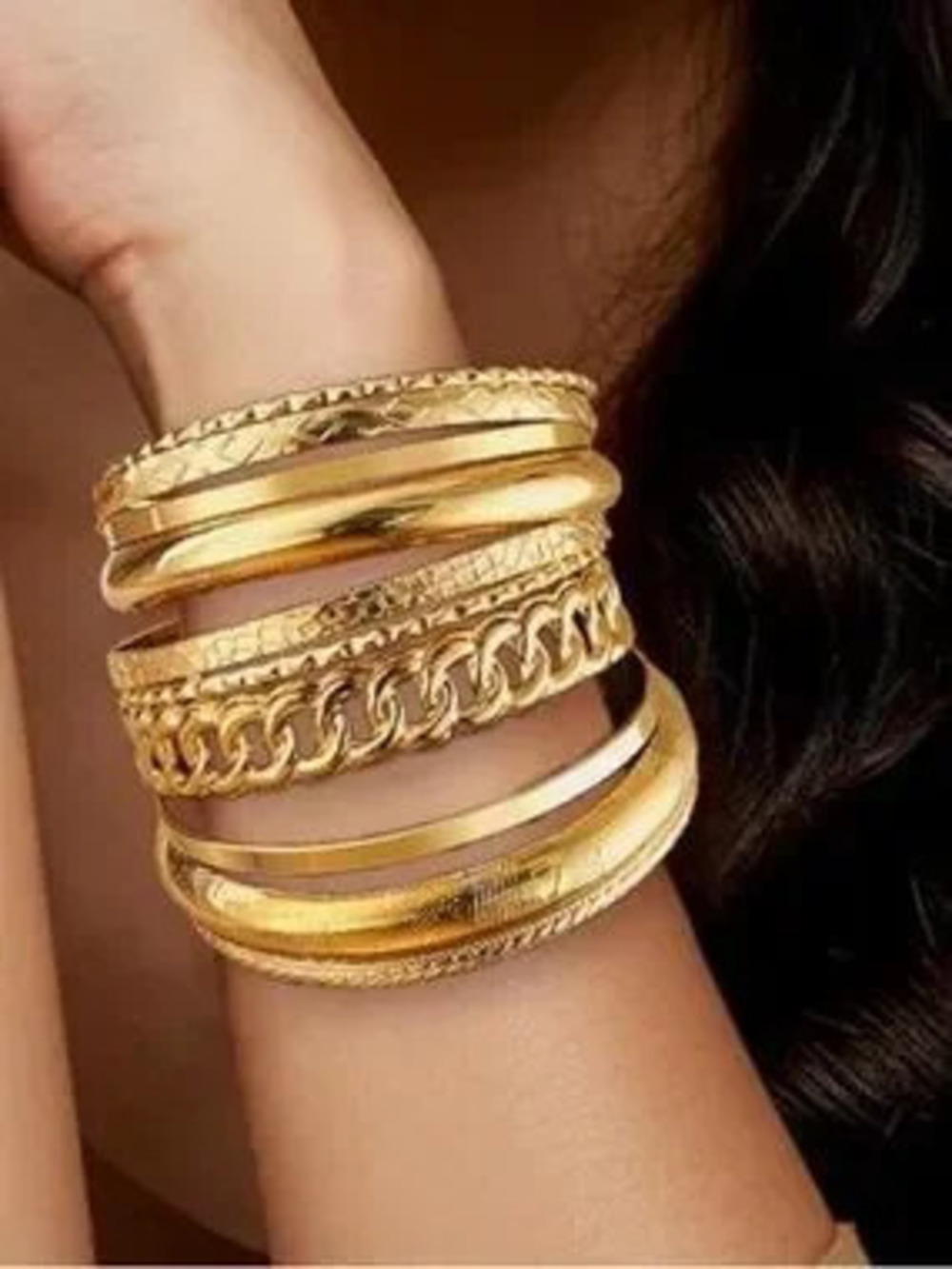 Anthropologie Gold-Tone Textured Layered Bangle Bracelet Set